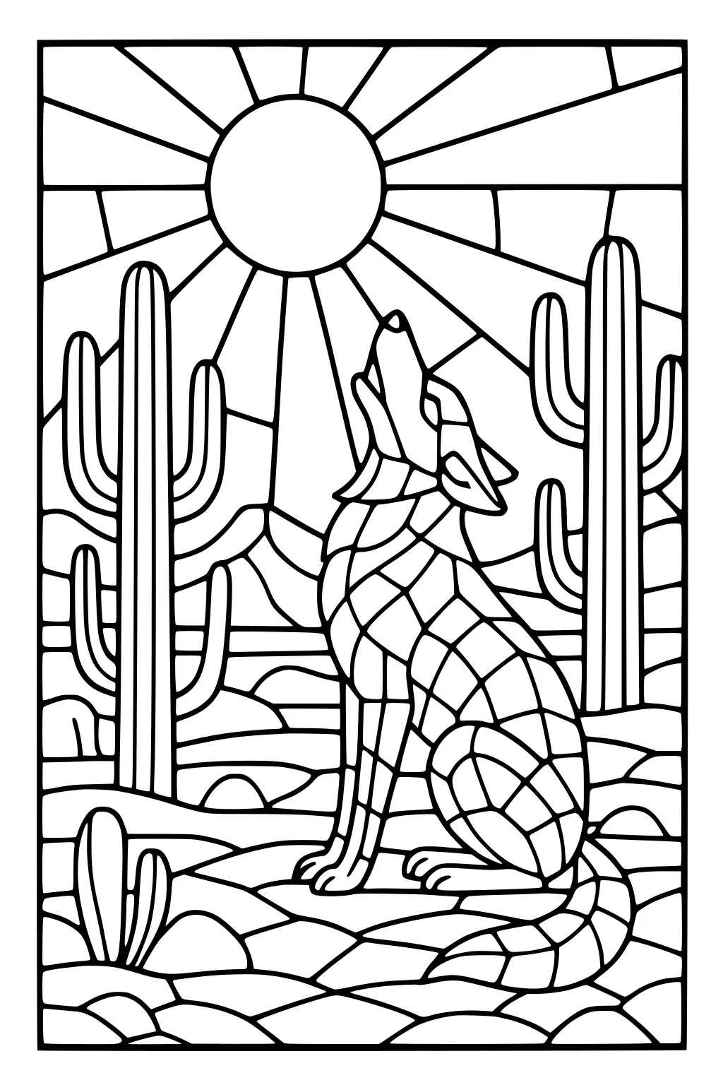 Mosaic-style coyote howling at the sun in a desert with tall cacti and rocky ground.