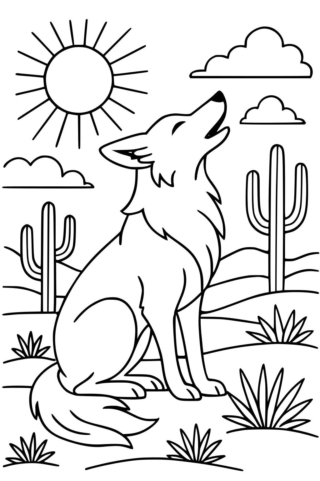 Coyote howling in a desert landscape with cacti, sun, mountains, clouds, and tufts of grass all around.