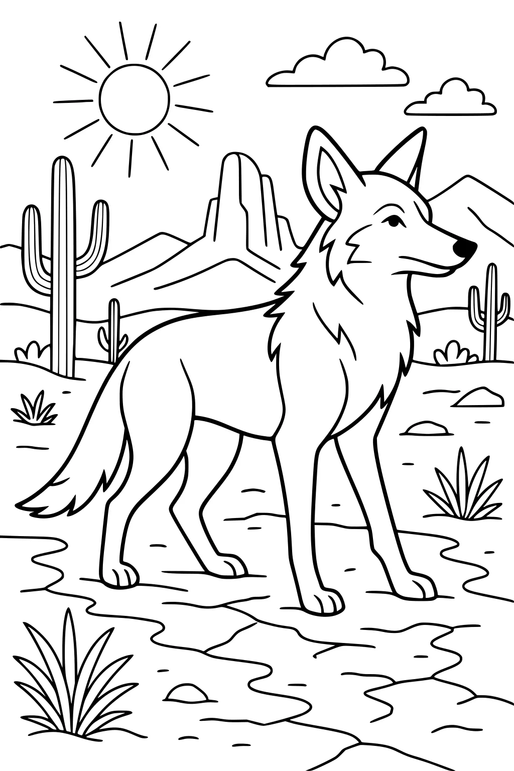Coyote standing in a desert with cacti, rocks, grass tufts, mountains, sun, and clouds in the background.