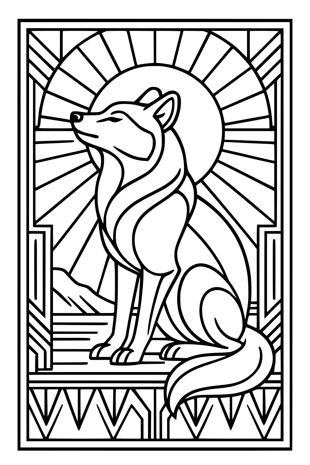 Coyote sitting on patterned ground with sun rays, mountains in background, thick swirling fur, and geometric border.