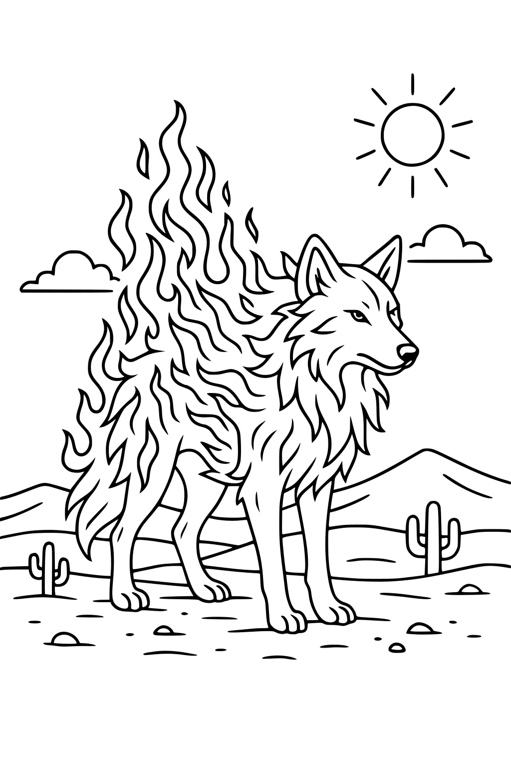 Wolf with flames on his back in a desert with cacti, mountains, rocks, and a bright sun overhead.