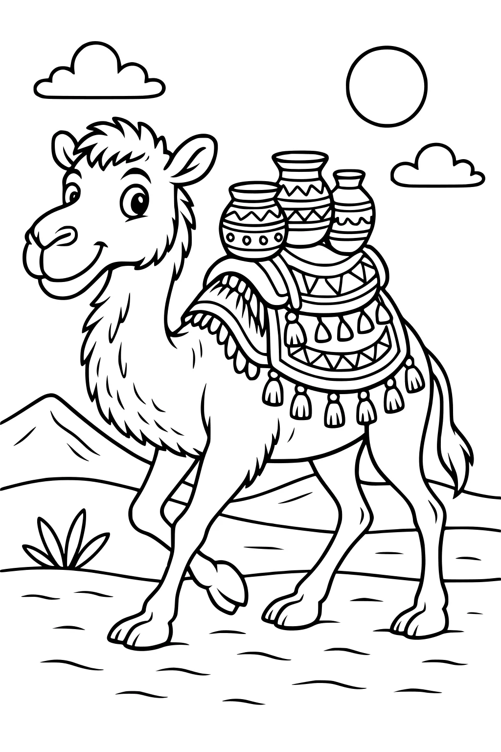 Smiling camel carrying patterned pots on its back, standing in a desert with hills, sun, and clouds.