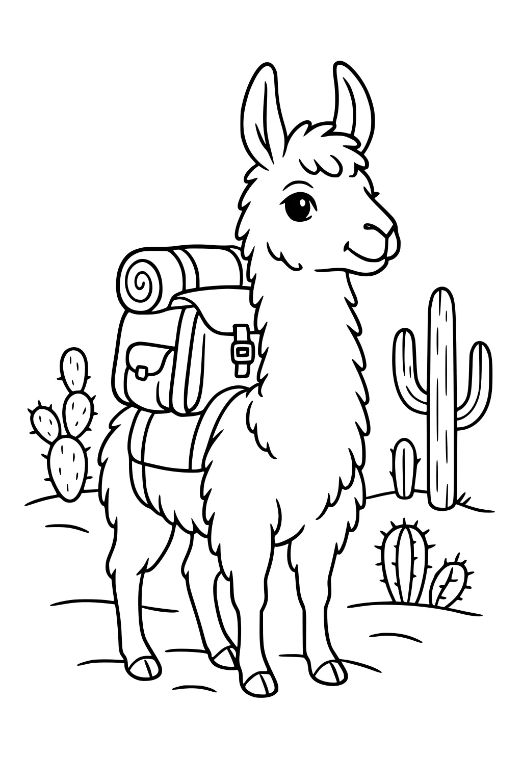 Llama with blanket and satchel standing among several cacti in a desert scene.