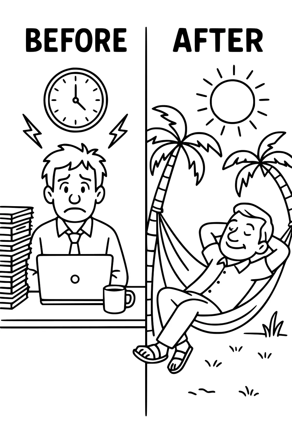 Split scene: 'Before' stressed man at desk with clock; 'After' relaxed man in hammock under palm trees and sun.