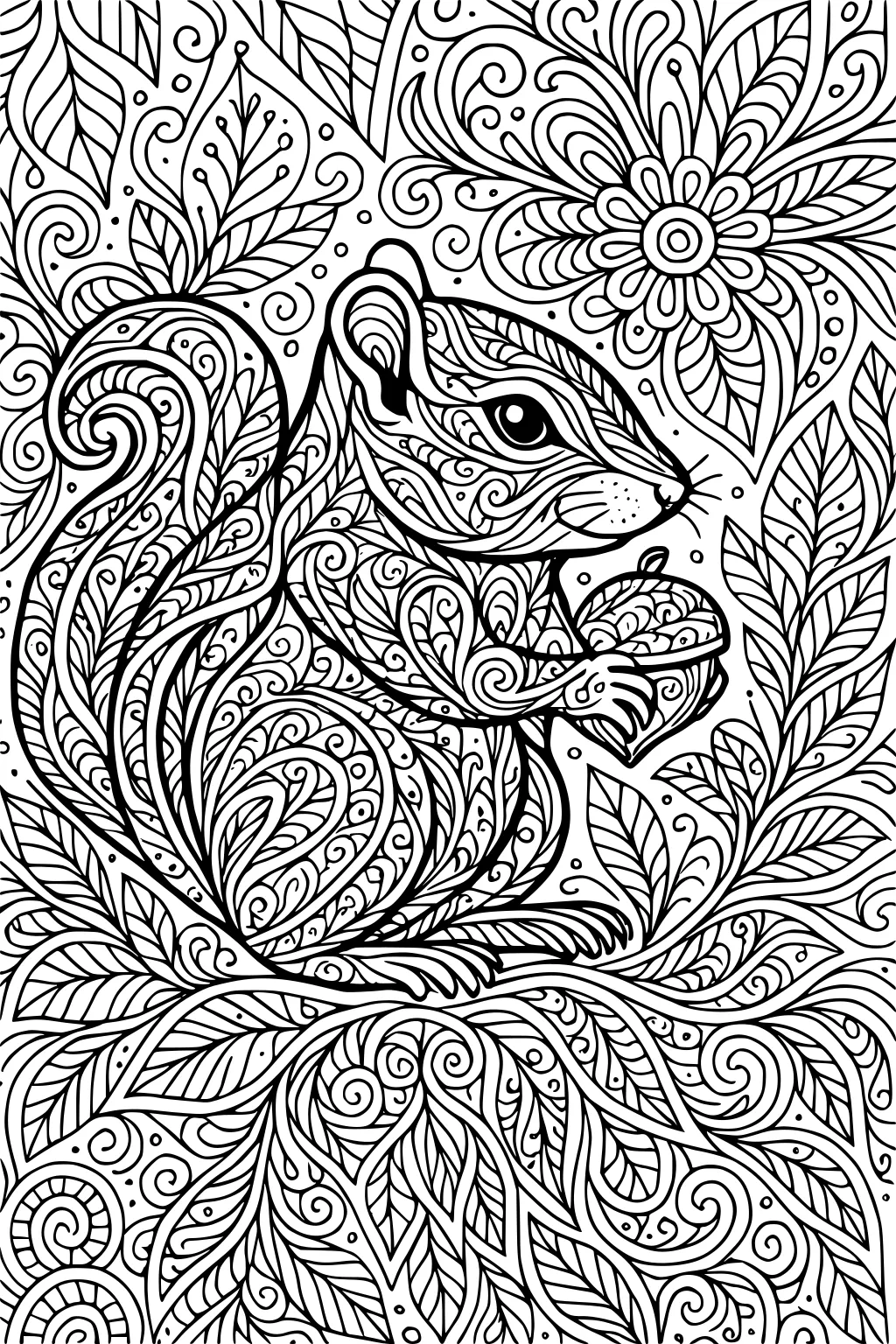 Chipmunk holding acorn with detailed leaf and swirl background, black and white line art.