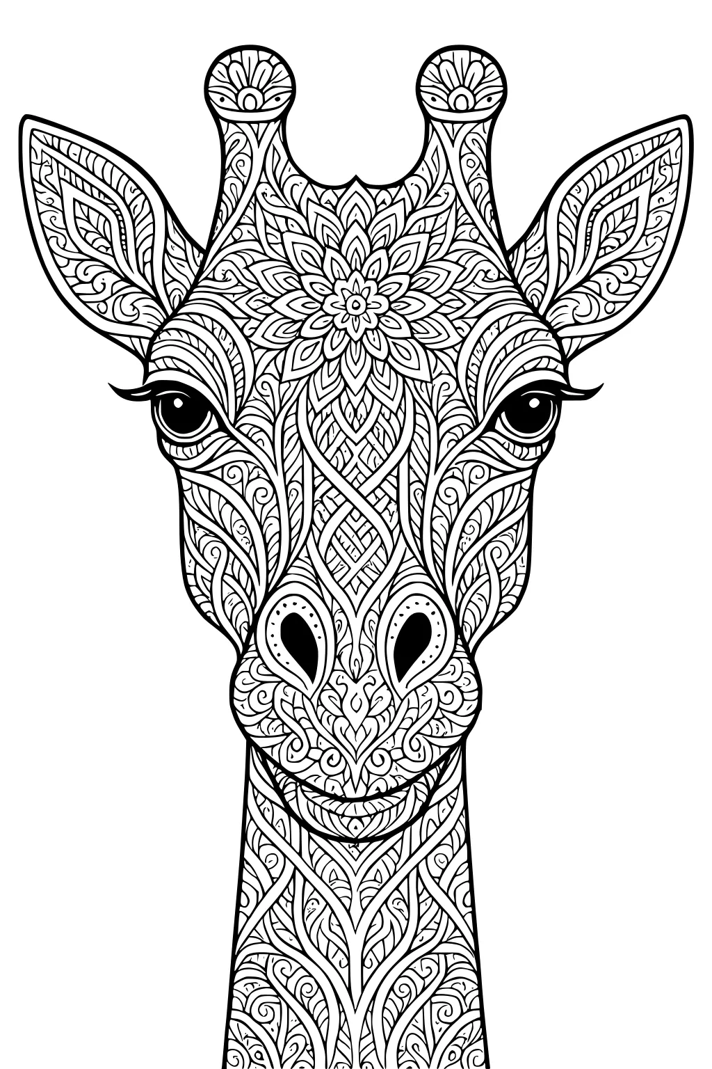 Giraffe head with intricate floral and geometric patterns for coloring, showing large ears, eyes, and neck.