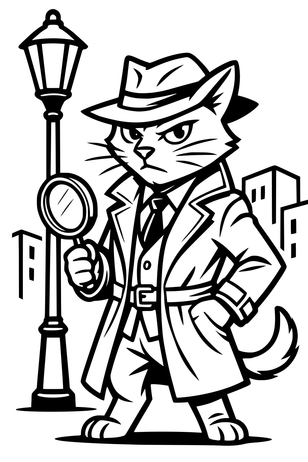 Cat in trench coat and fedora holding magnifying glass under streetlamp beside city buildings.