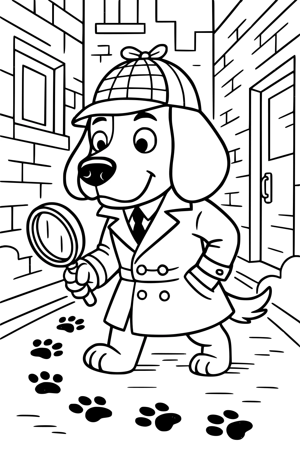 Cartoon detective dog holding magnifying glass, walking in an alley, following paw prints on the ground.