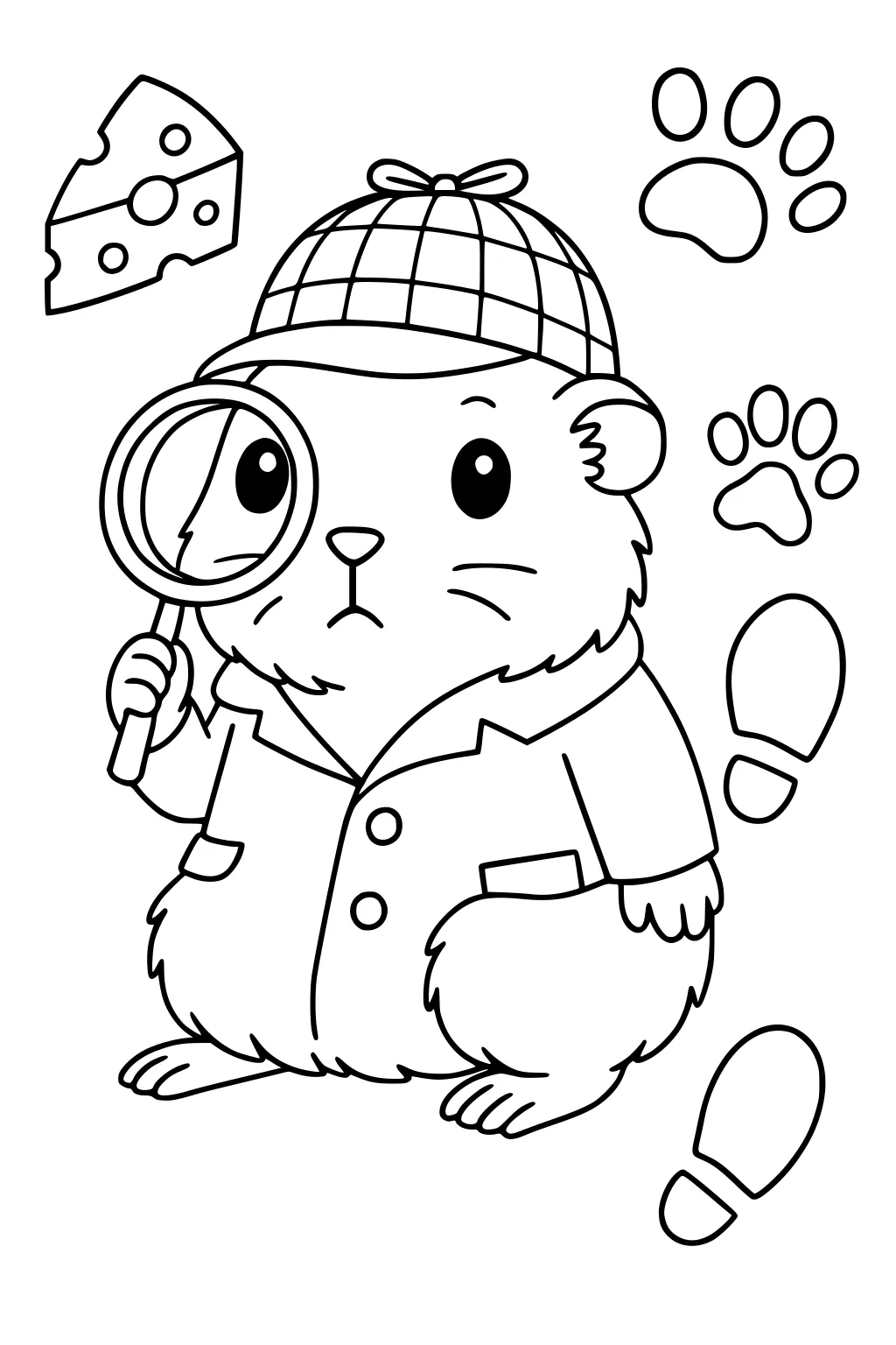 Guinea pig in detective coat and hat holding magnifying glass with cheese, paw prints, and footprints on a plain background.