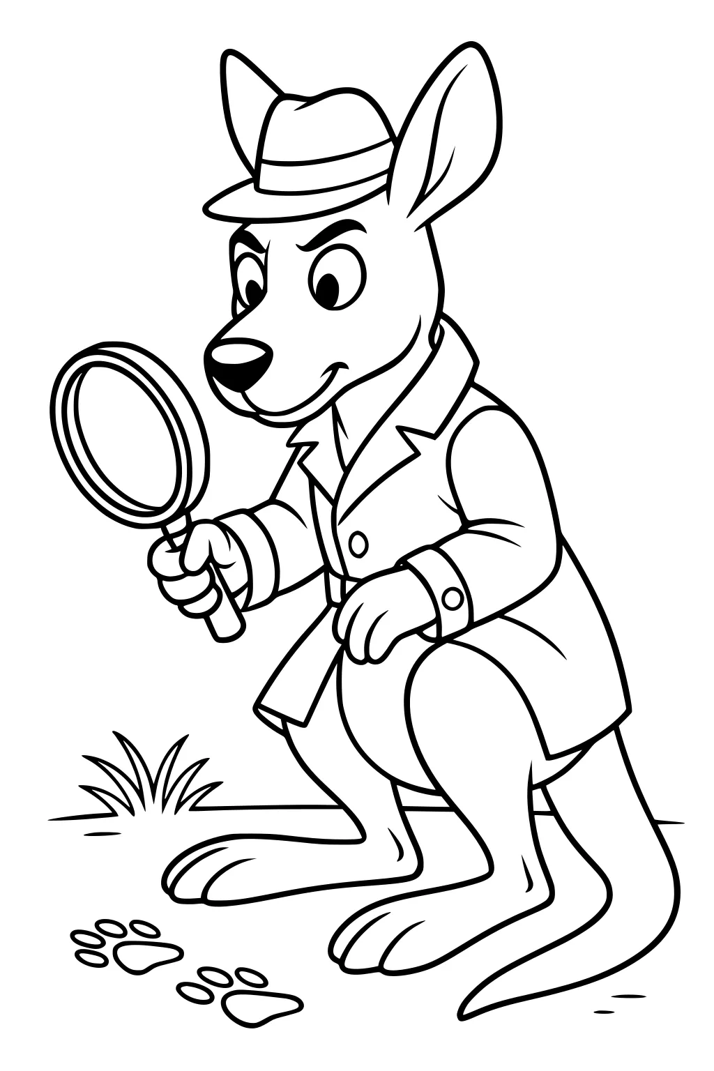 Kangaroo in detective coat and hat holds magnifying glass, inspecting animal footprints and grass patch on the ground.