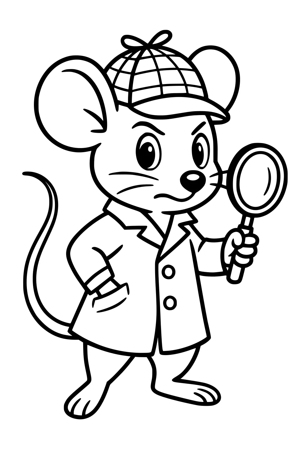 Mouse in detective coat and checkered cap holding a magnifying glass with a serious expression.