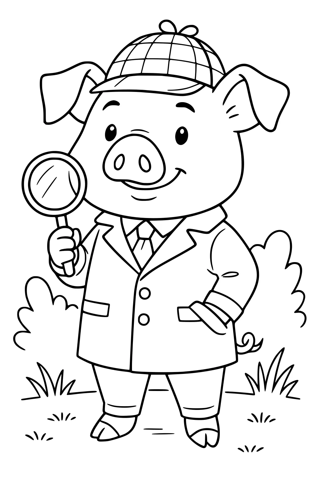 Pig in detective outfit with plaid hat and magnifying glass standing among bushes and grass.