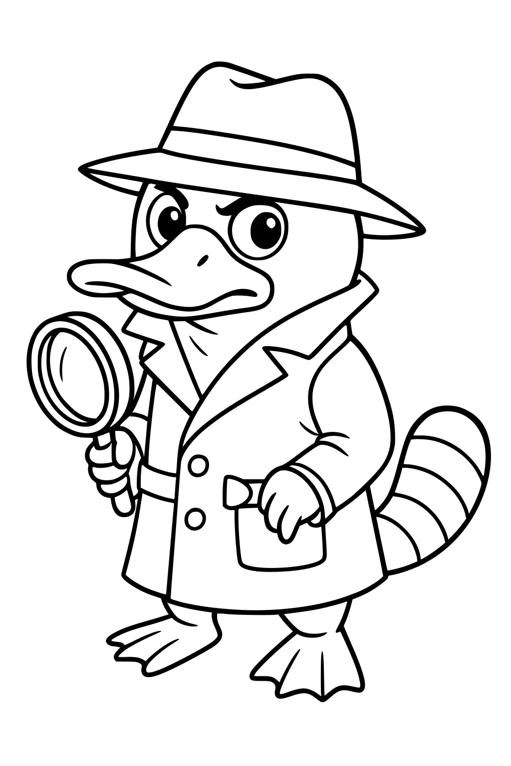 Cartoon platypus boy in trench coat and detective hat holding a magnifying glass with a serious expression.
