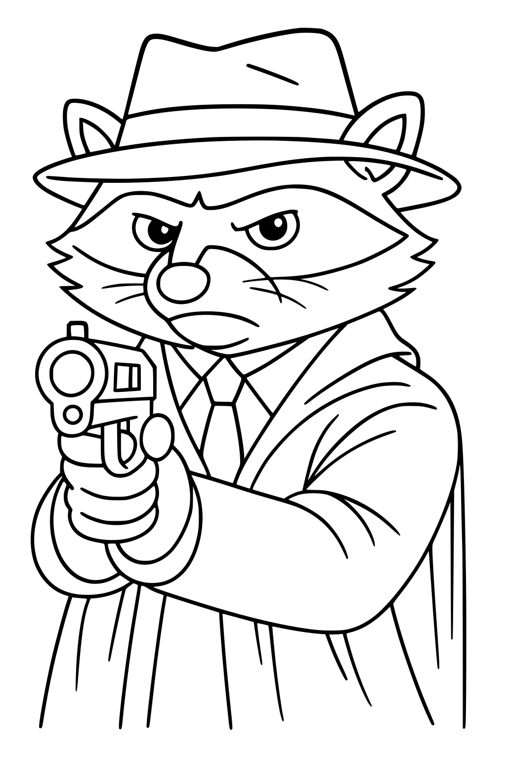 Raccoon wearing a detective hat and trench coat, pointing a toy gun, looking determined.
