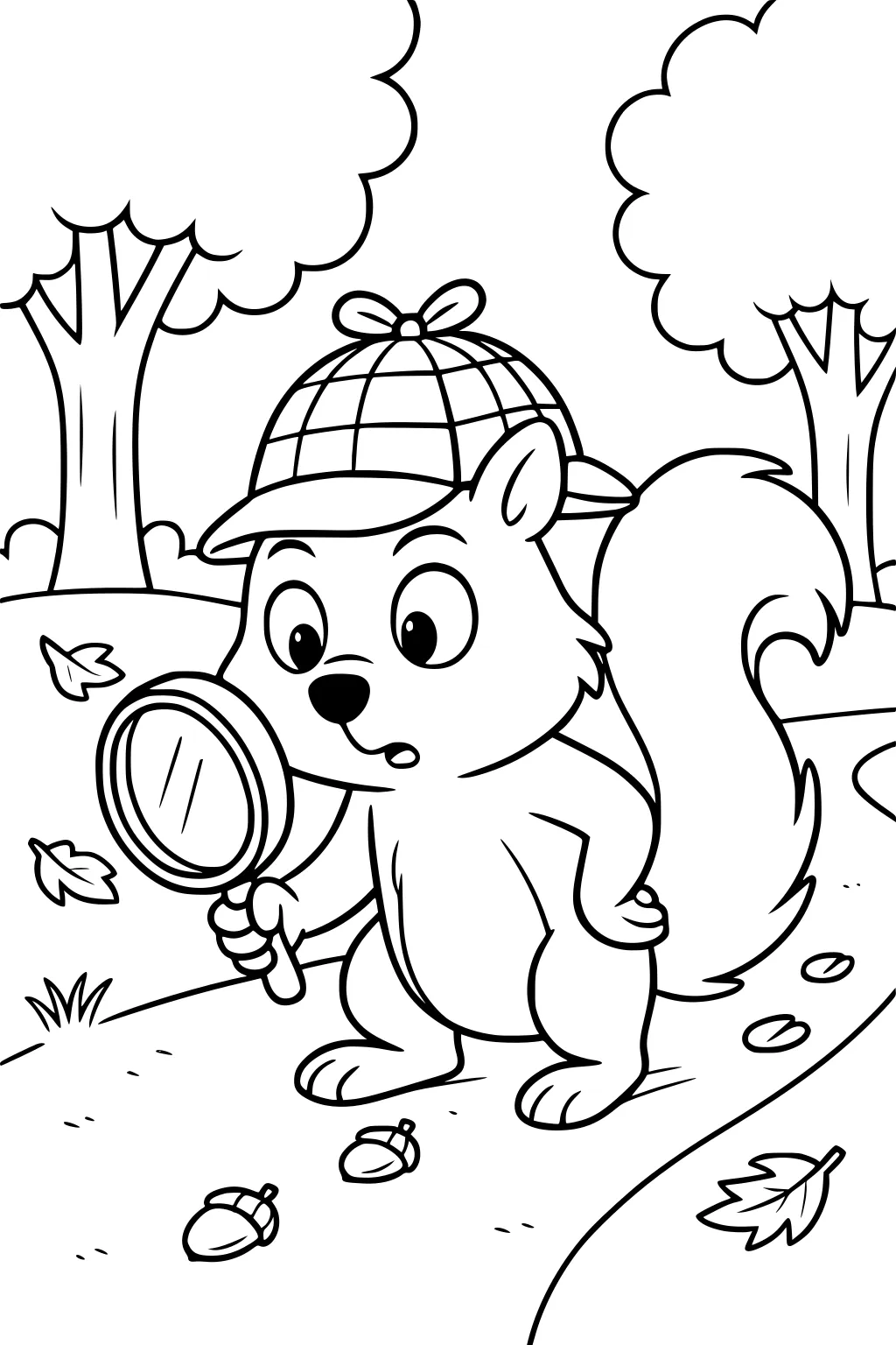 Squirrel in detective hat holding magnifying glass, searching acorns and leaves on path with trees.