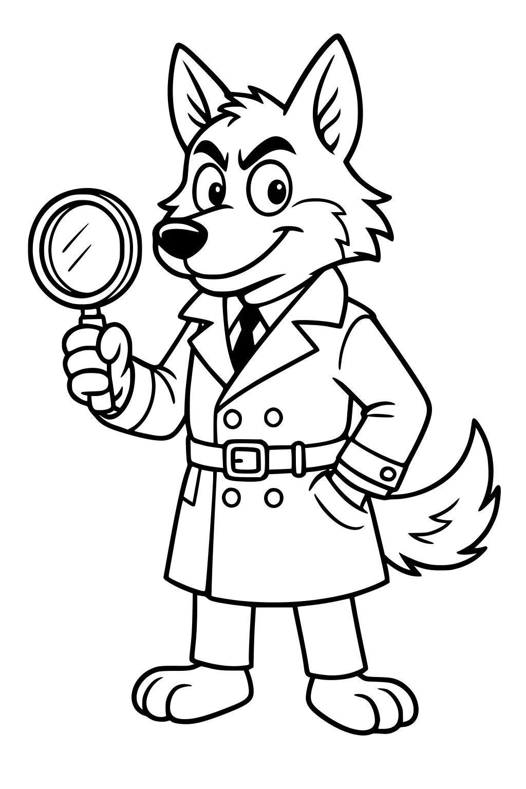 Cartoon wolf detective in trench coat holding a magnifying glass, one paw in pocket, smiling with pointy ears and bushy tail.