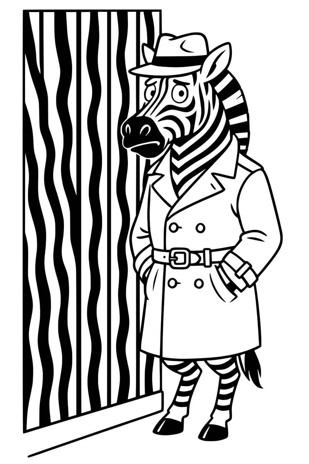 Detective zebra in trench coat and fedora stands by a tall zebra-striped door, wide eyes, hooves and tail showing, bold black outlines.
