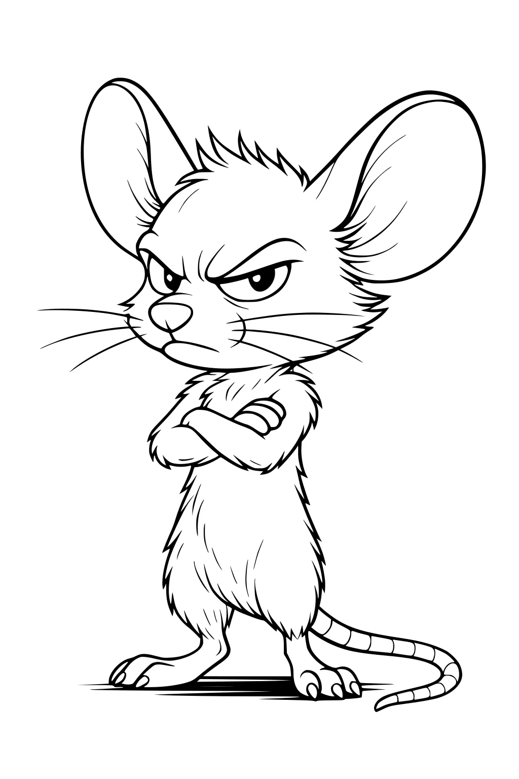 Cartoon mouse with arms crossed and an angry face, standing upright with large ears and a long curving tail.