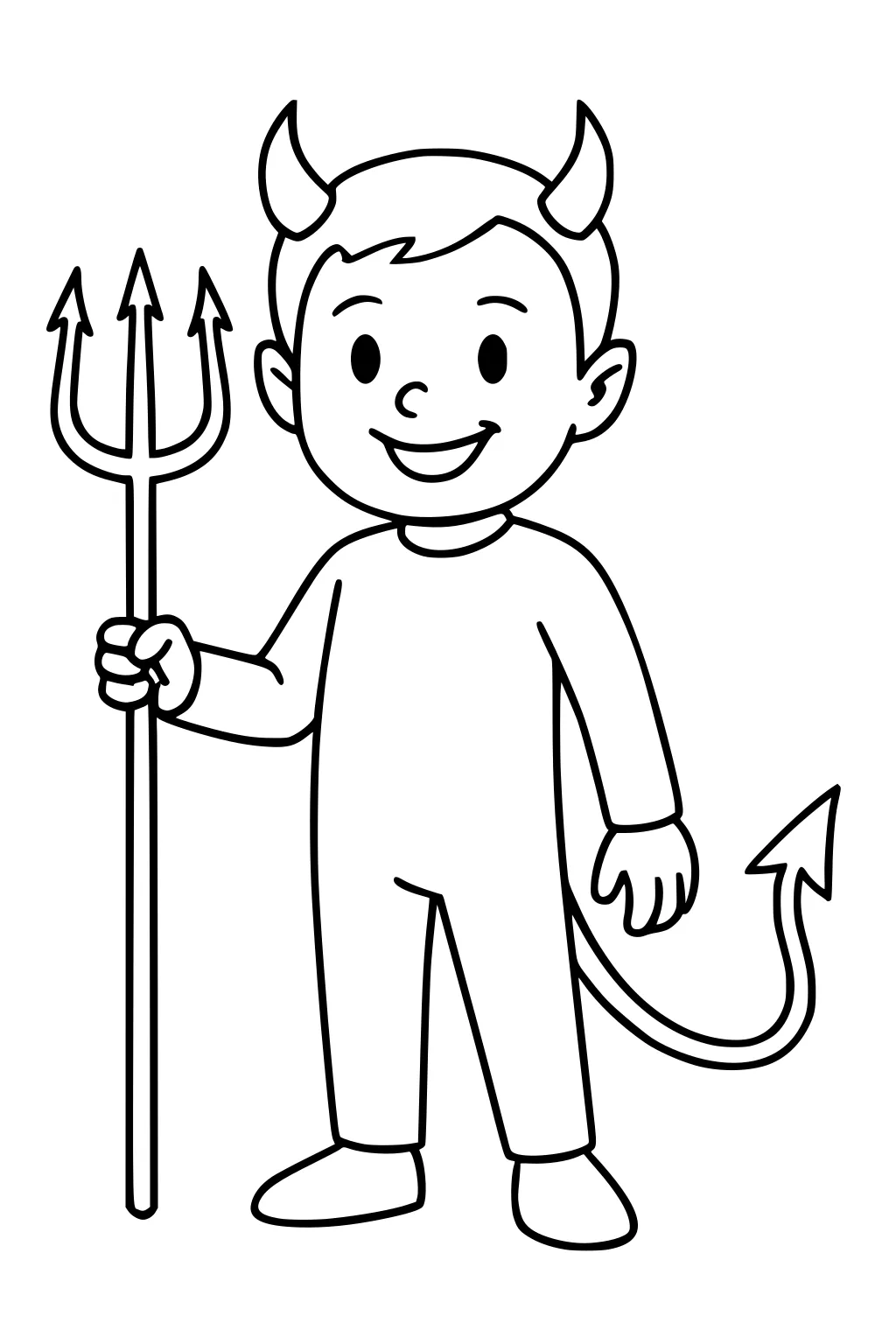 Smiling boy in a devil costume holds a tall trident, with small horns and a pointed tail; simple outline and big open areas.