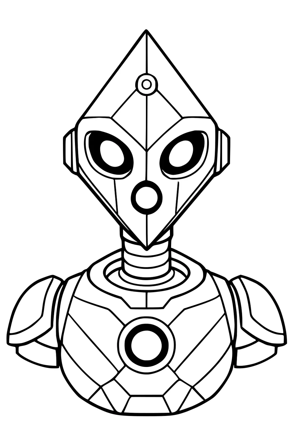 Robot with diamond-shaped head, oval eyes, round speaker mouth, ringed neck, round torso core, and shoulder plates in bold outline.