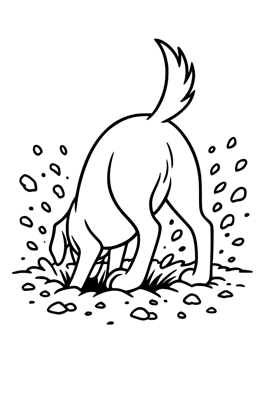 Dog with tail up digging in dirt, rocks and soil flying around, only back legs and tail visible.