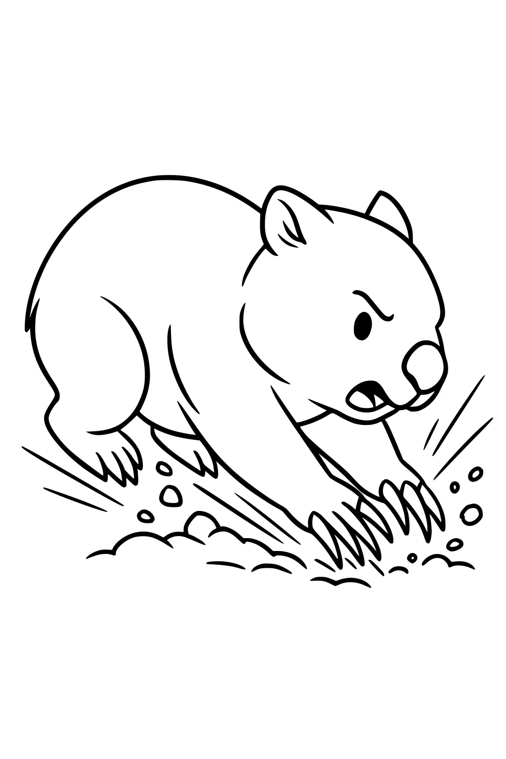 Cartoon wombat running and digging with big claws, mouth open, dirt and pebbles flying, bold outline, simple background.
