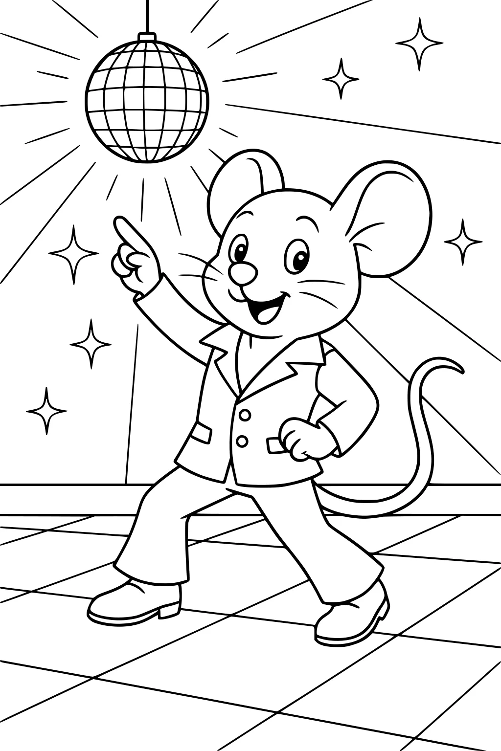 Mouse in a suit dancing on a tiled floor under a disco ball with light rays and stars.