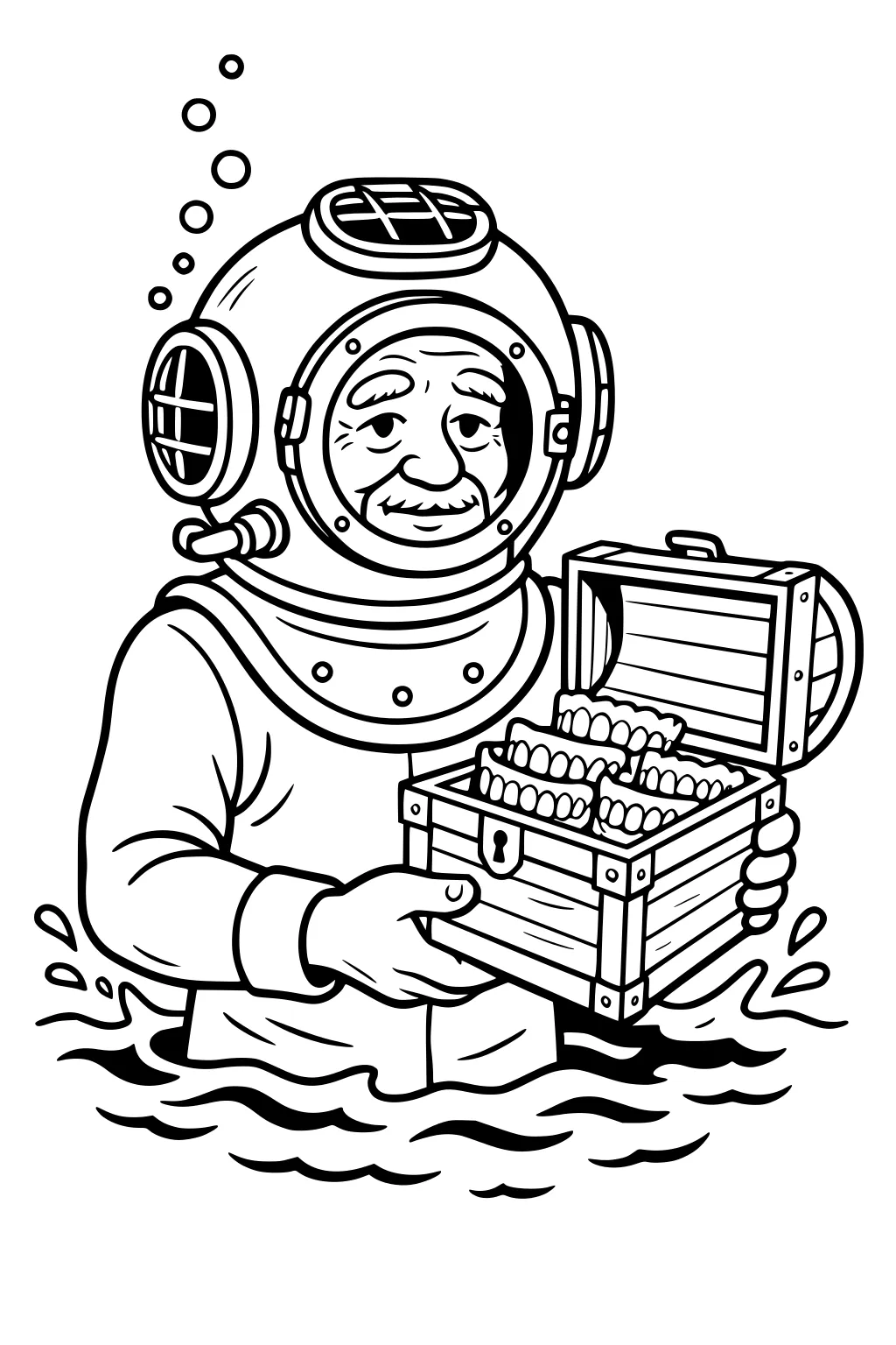 Elderly diver in vintage helmet holds open chest of dentures, emerging from water with bubbles and splashes.