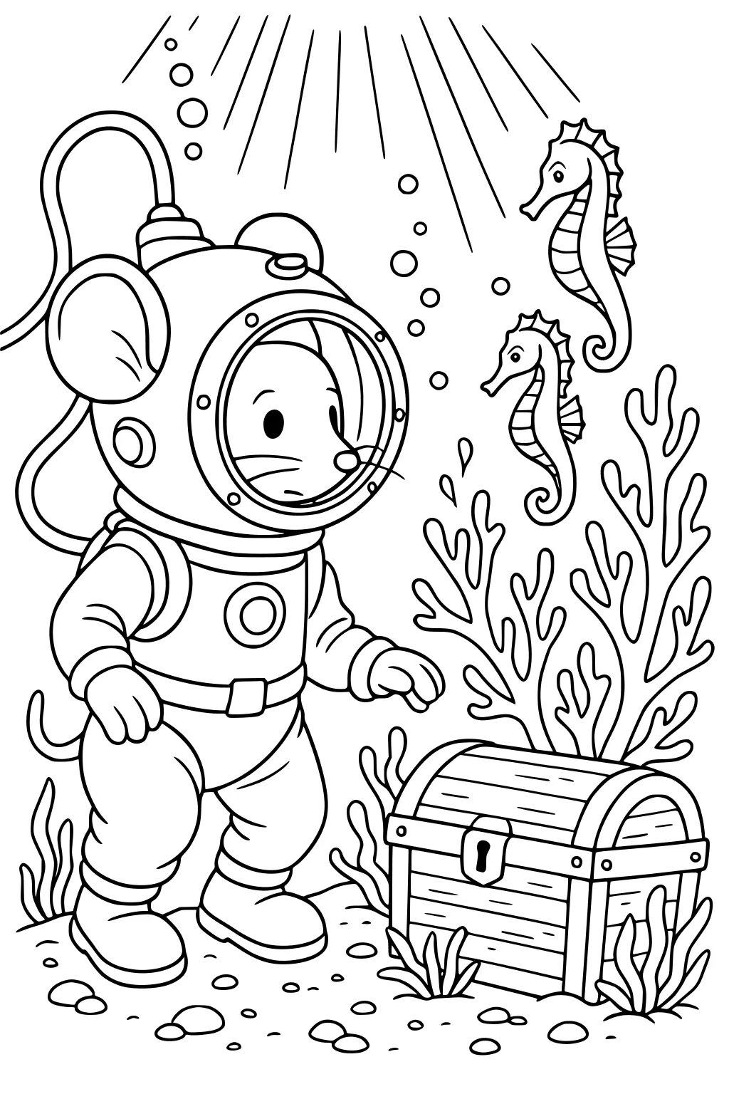 Mouse in diving suit underwater with treasure chest, seahorses, coral, bubbles, and sunrays.