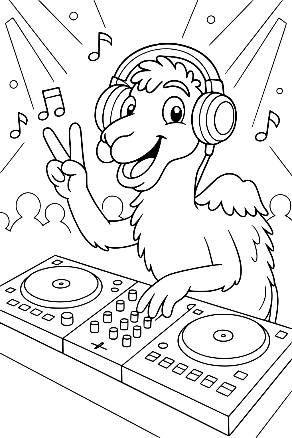 Camel wearing large headphones at a DJ booth, smiling, giving a peace sign surrounded by music notes and an audience.