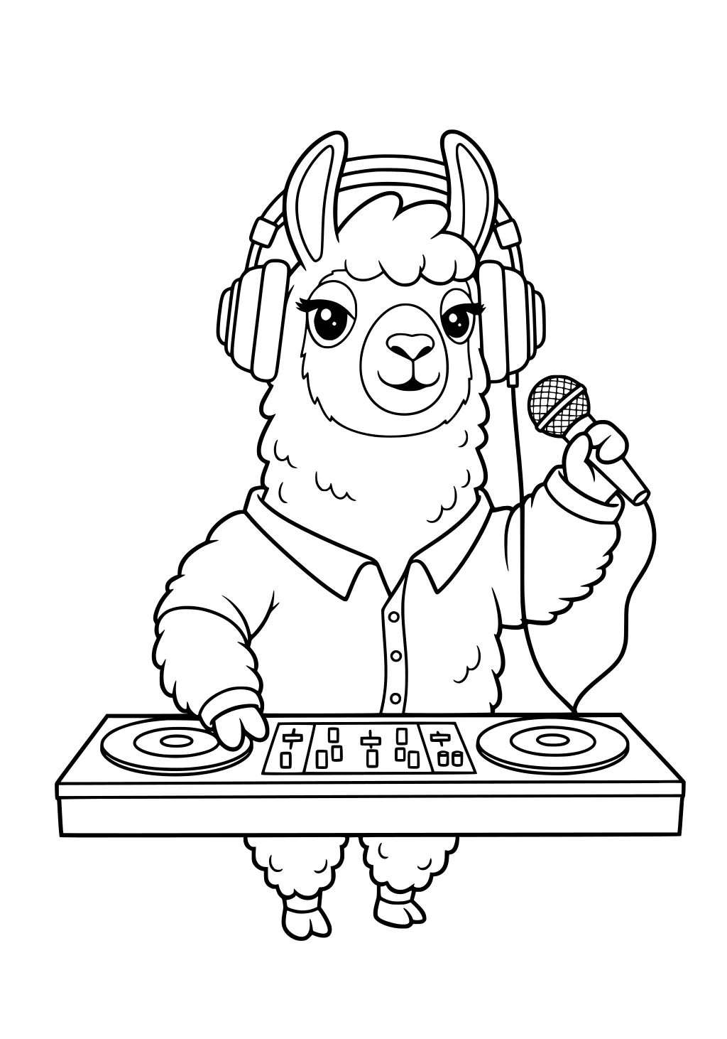 Llama with headphones and shirt using DJ mixer and holding microphone