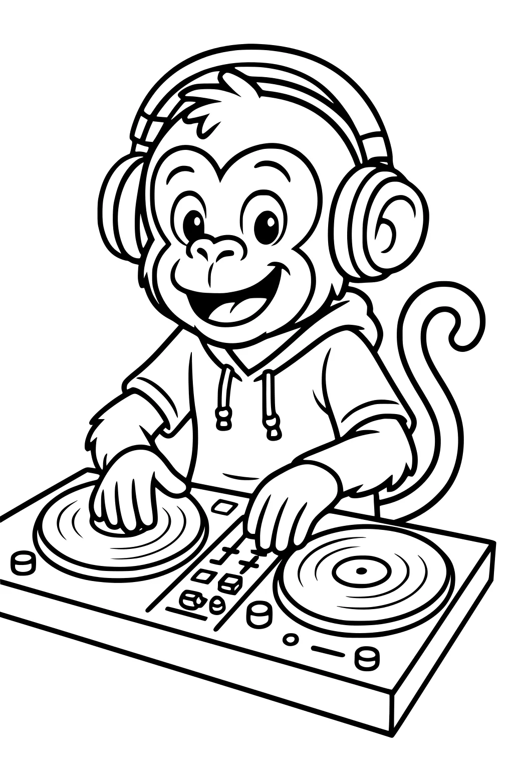 Monkey wearing headphones and hoodie using DJ turntables with a happy expression.