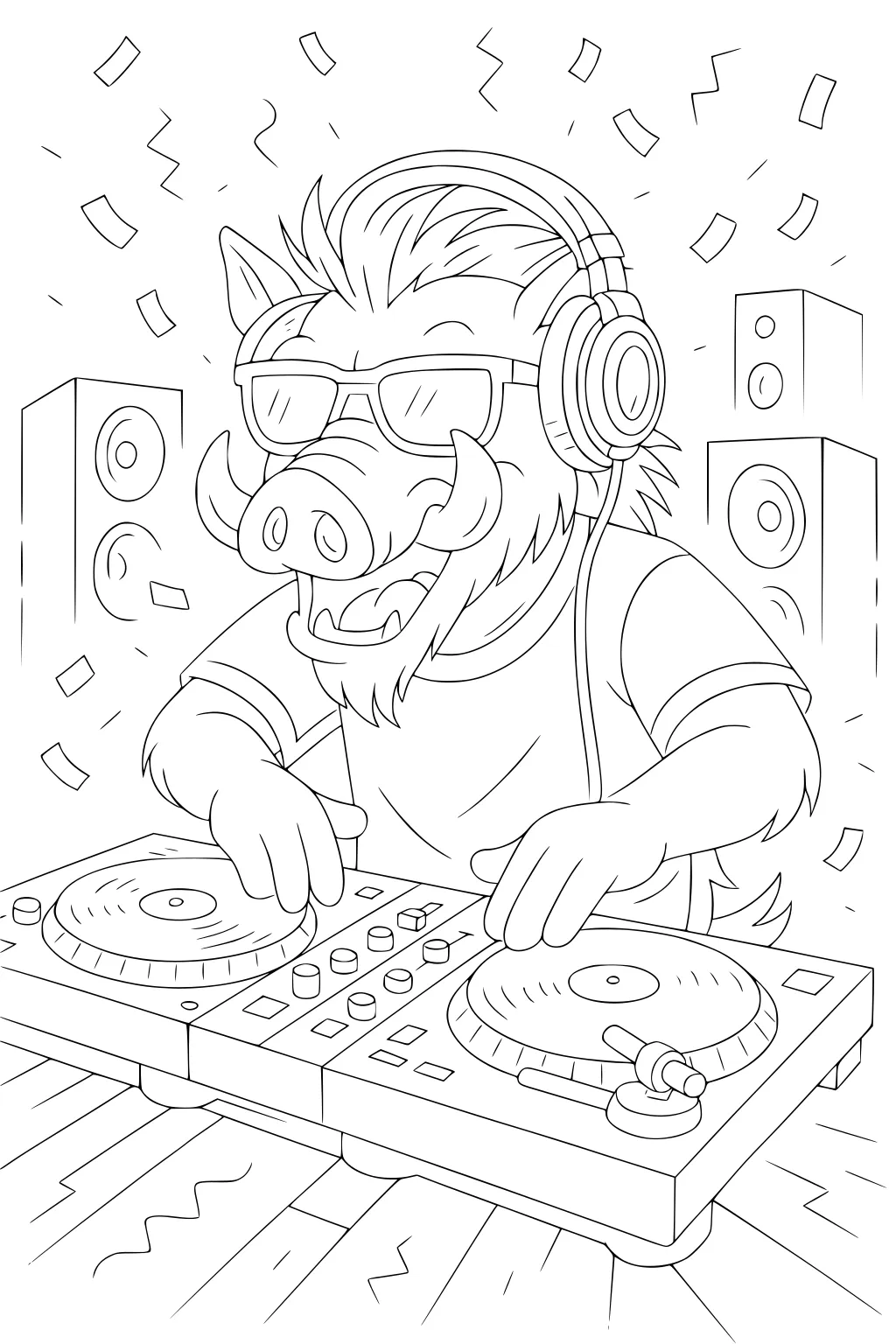 Warthog DJ with headphones and sunglasses mixing music on turntables, surrounded by speakers and falling confetti.