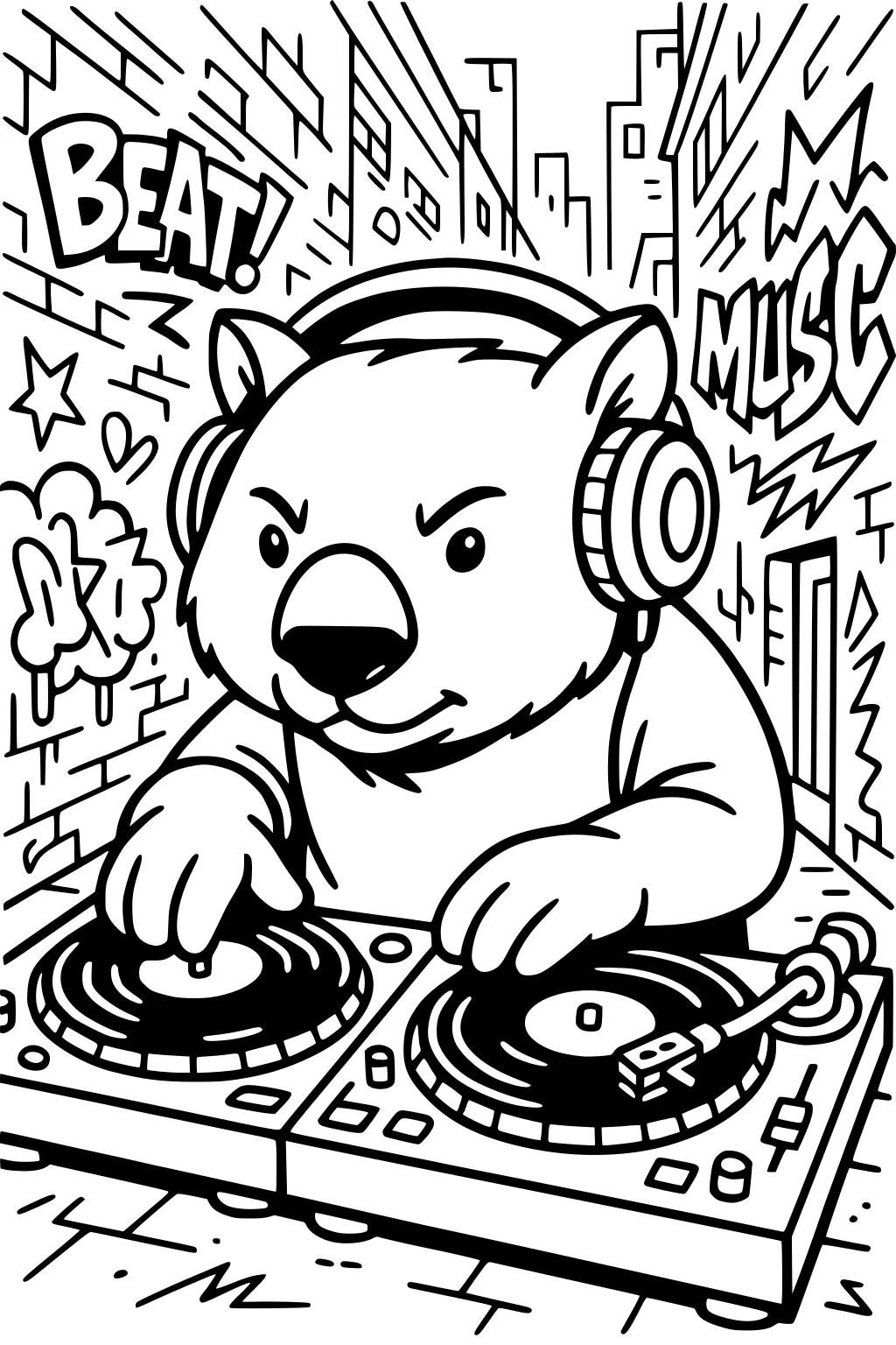 Wombat DJ in headphones spins two turntables in a graffiti alley, with BEAT and MUSIC text and stars around him.