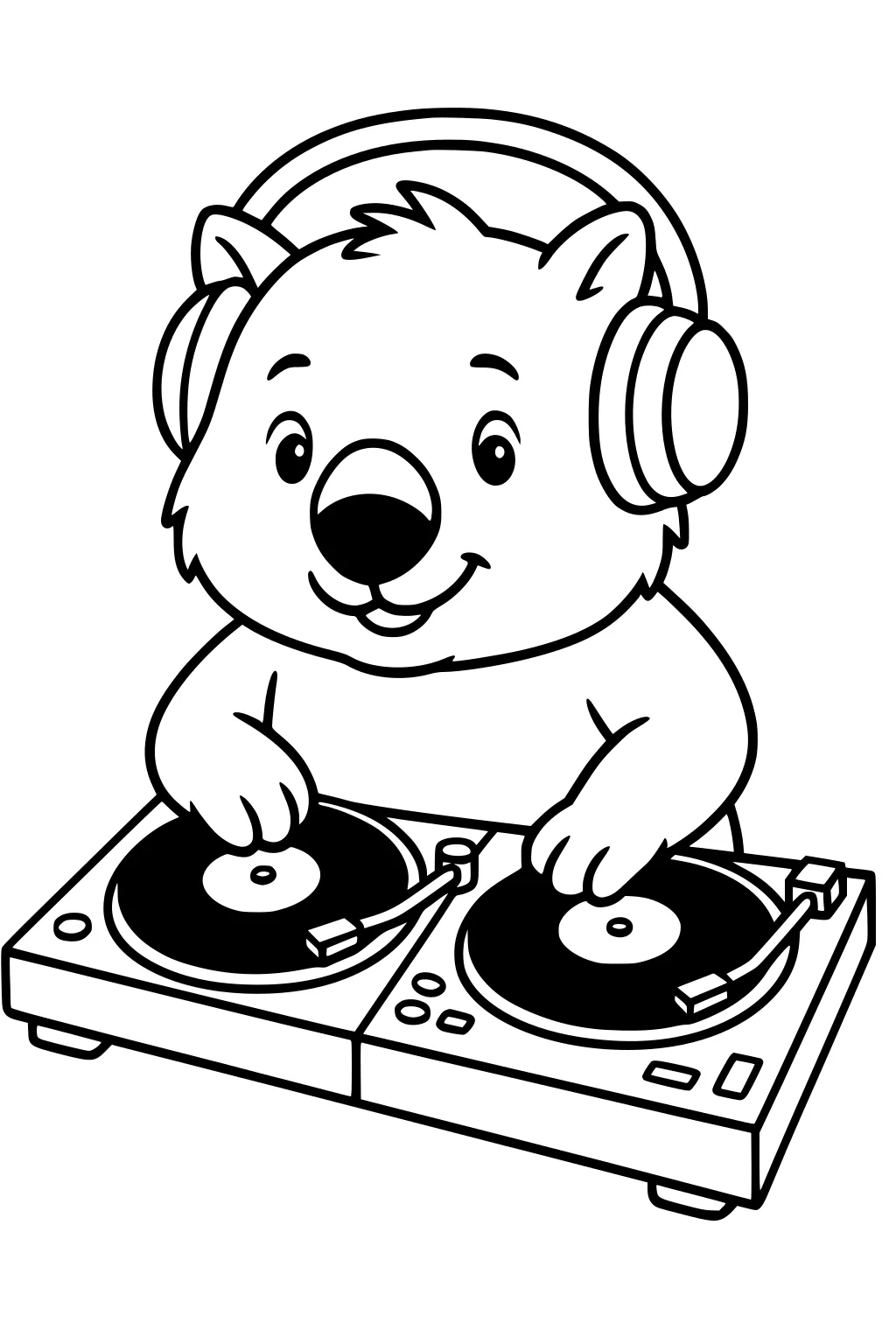 Cartoon wombat wearing headphones using two turntables, smiling with paws on records and mixer buttons visible.