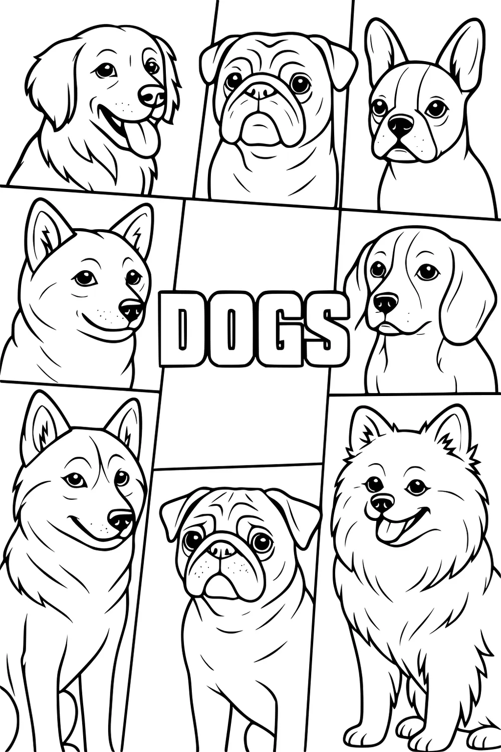 Eight dog faces in boxes with the word DOGS in big letters in the center.