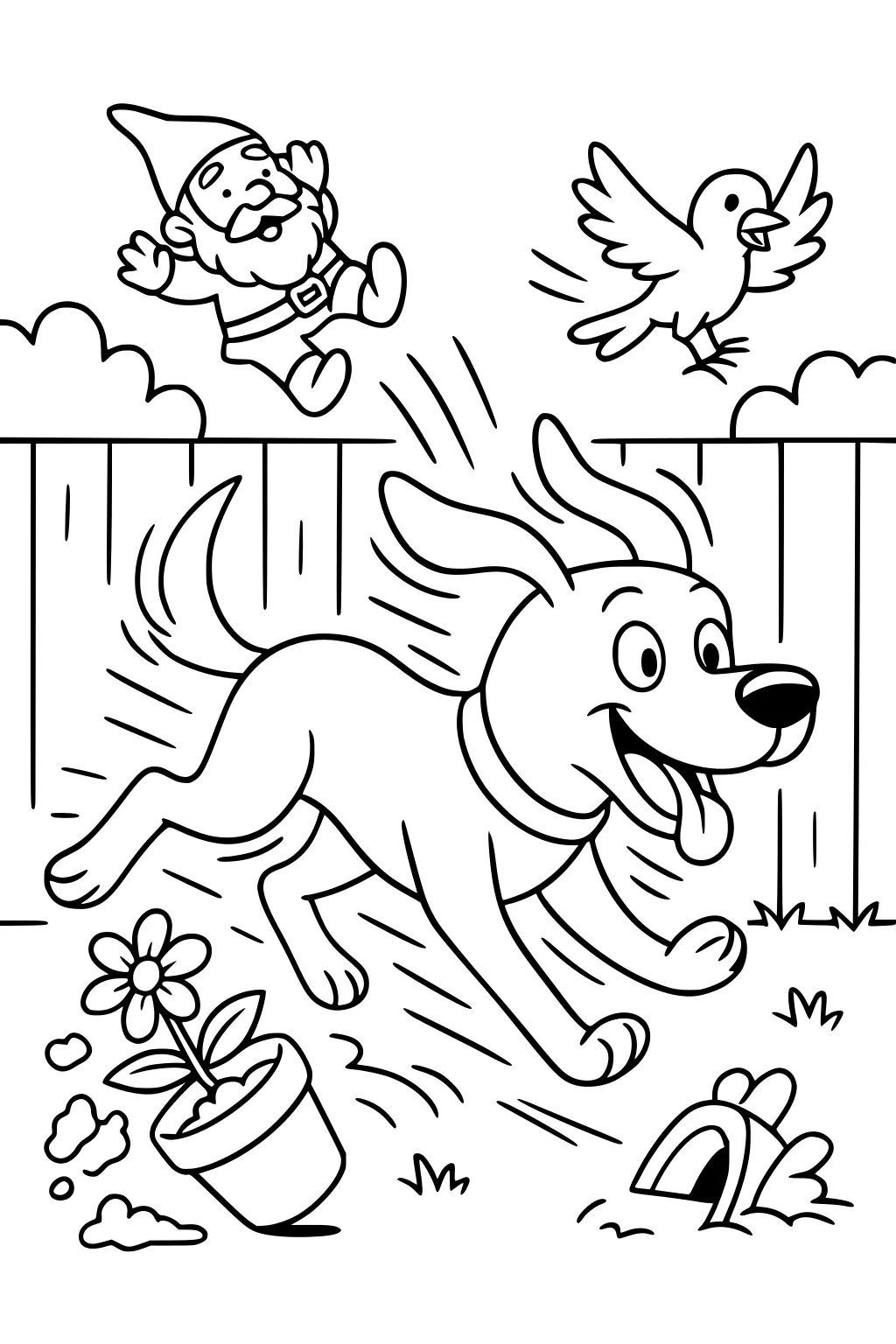 Dog running in yard, garden gnome flying, bird in air, flowerpot tipped, and doghouse in background