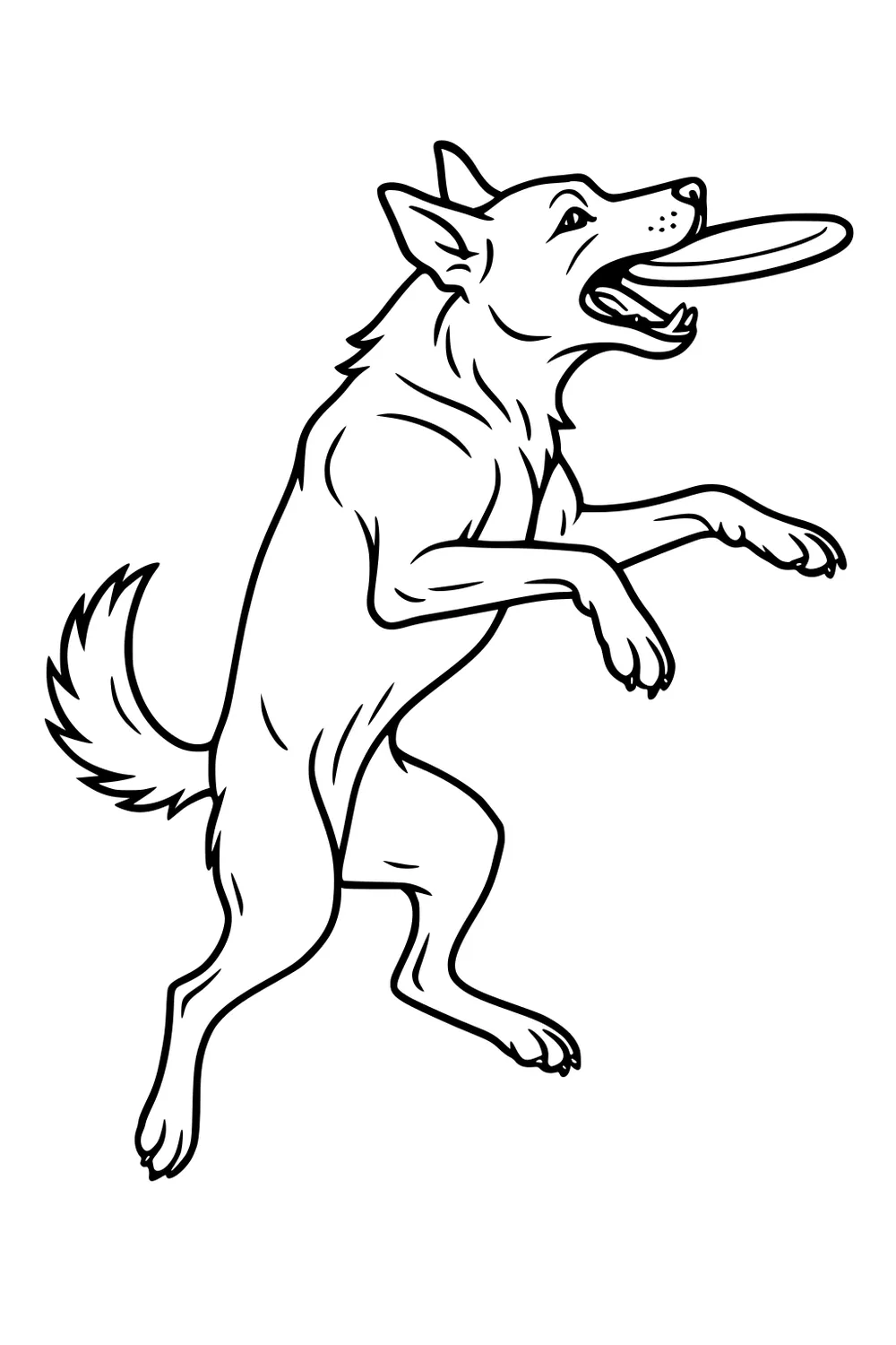 Dog with mouth open, leaping up to catch a frisbee, tail raised, ears perked, cartoon style.
