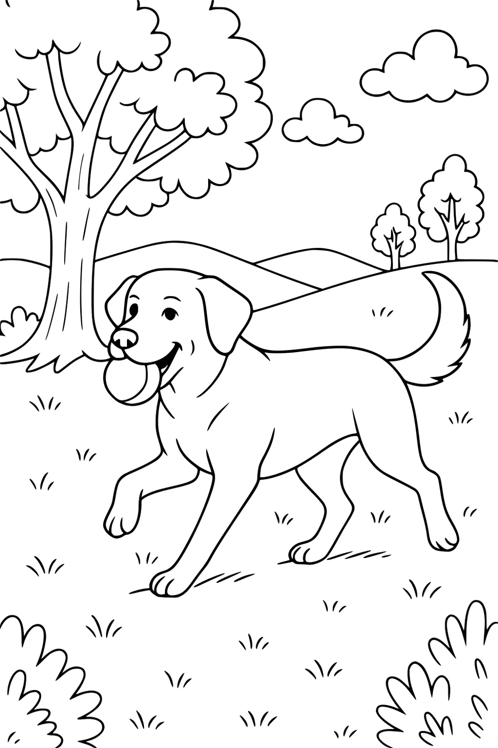 Dog running on grass with a ball in its mouth in a park, with trees, bushes, hills, and clouds behind.