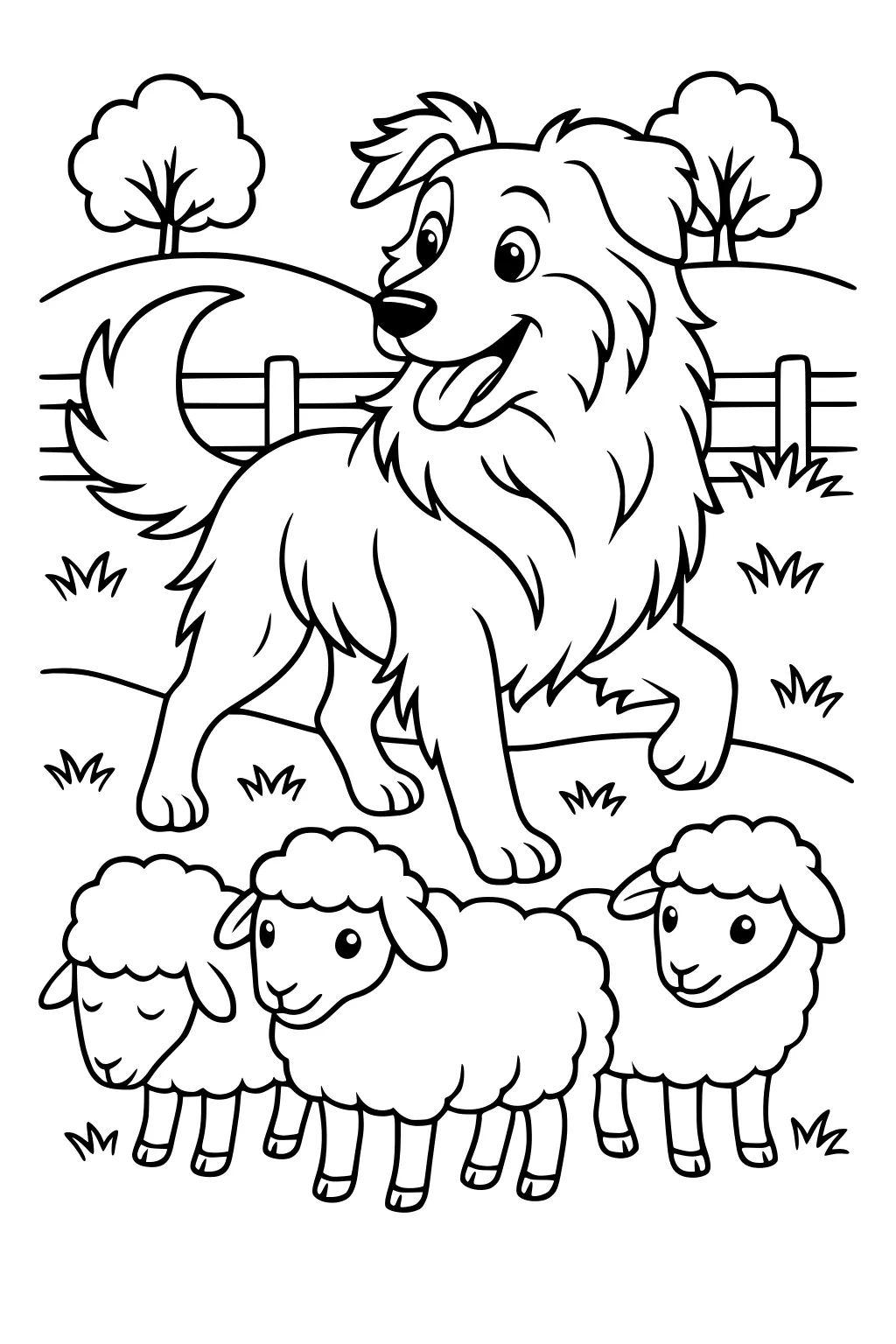 Large friendly dog with three sheep in a grassy field with trees and a fence in the background.