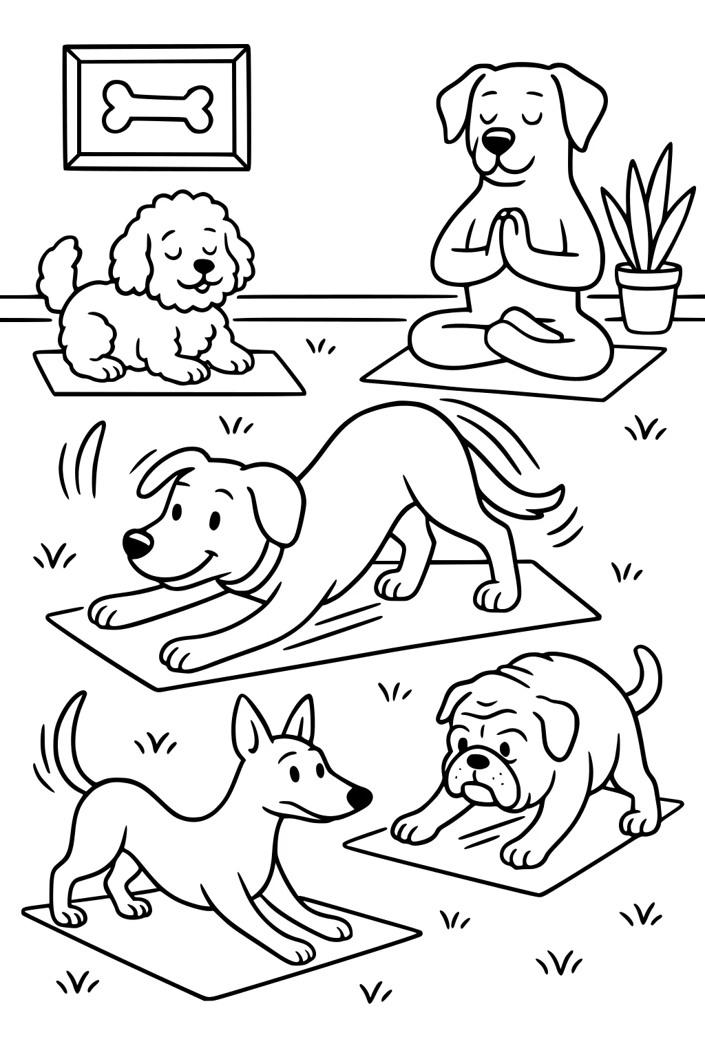Five dogs on yoga mats, each posing differently. There is a bone picture on the wall, a potted plant, and patches of grass.