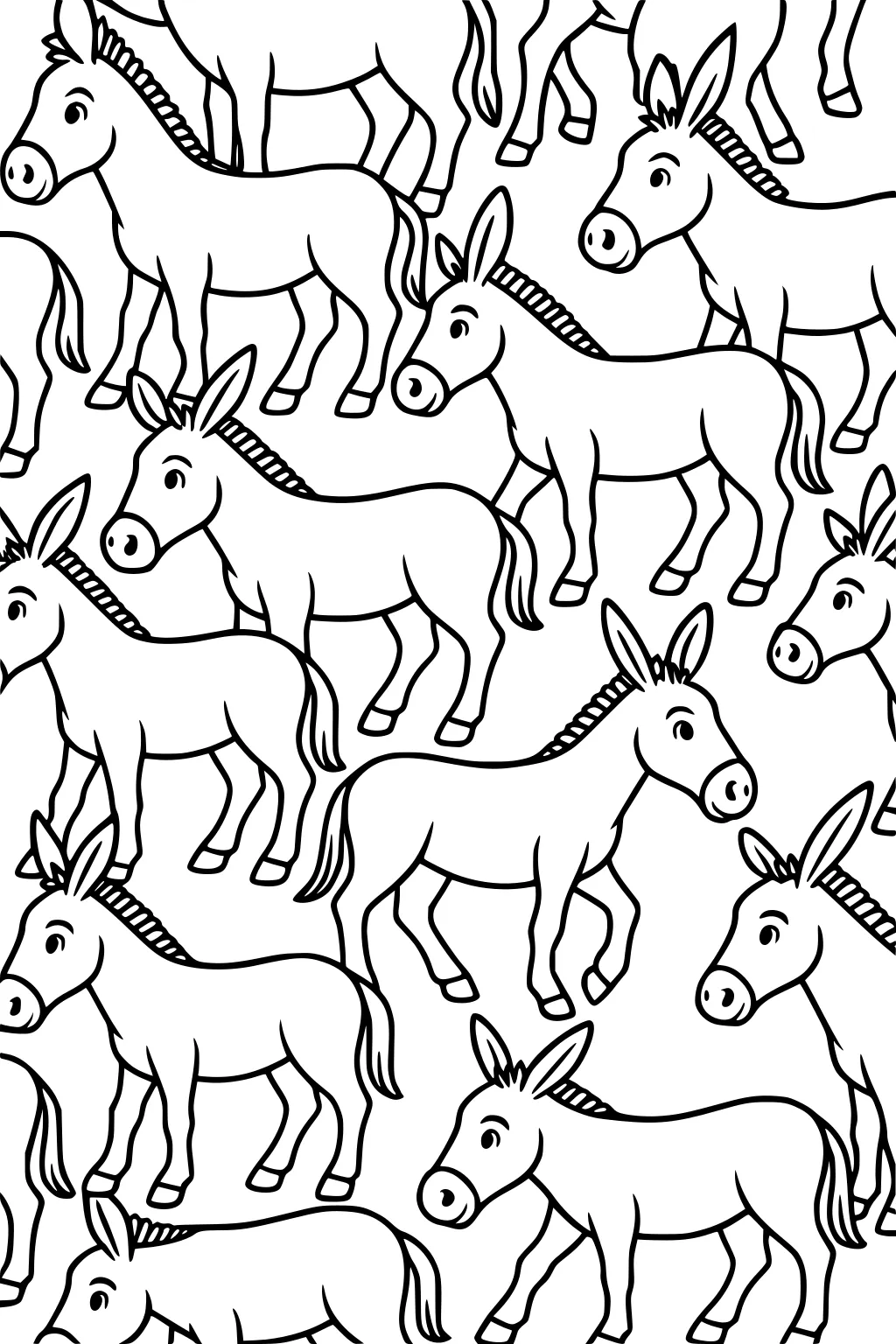 Repeating pattern of cartoon donkeys with upright ears, short manes, and cheerful faces filling the page.