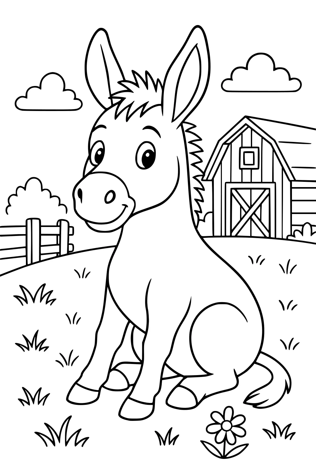 Cartoon donkey sitting on grassy hill with barn, fence, flower, and clouds in background.