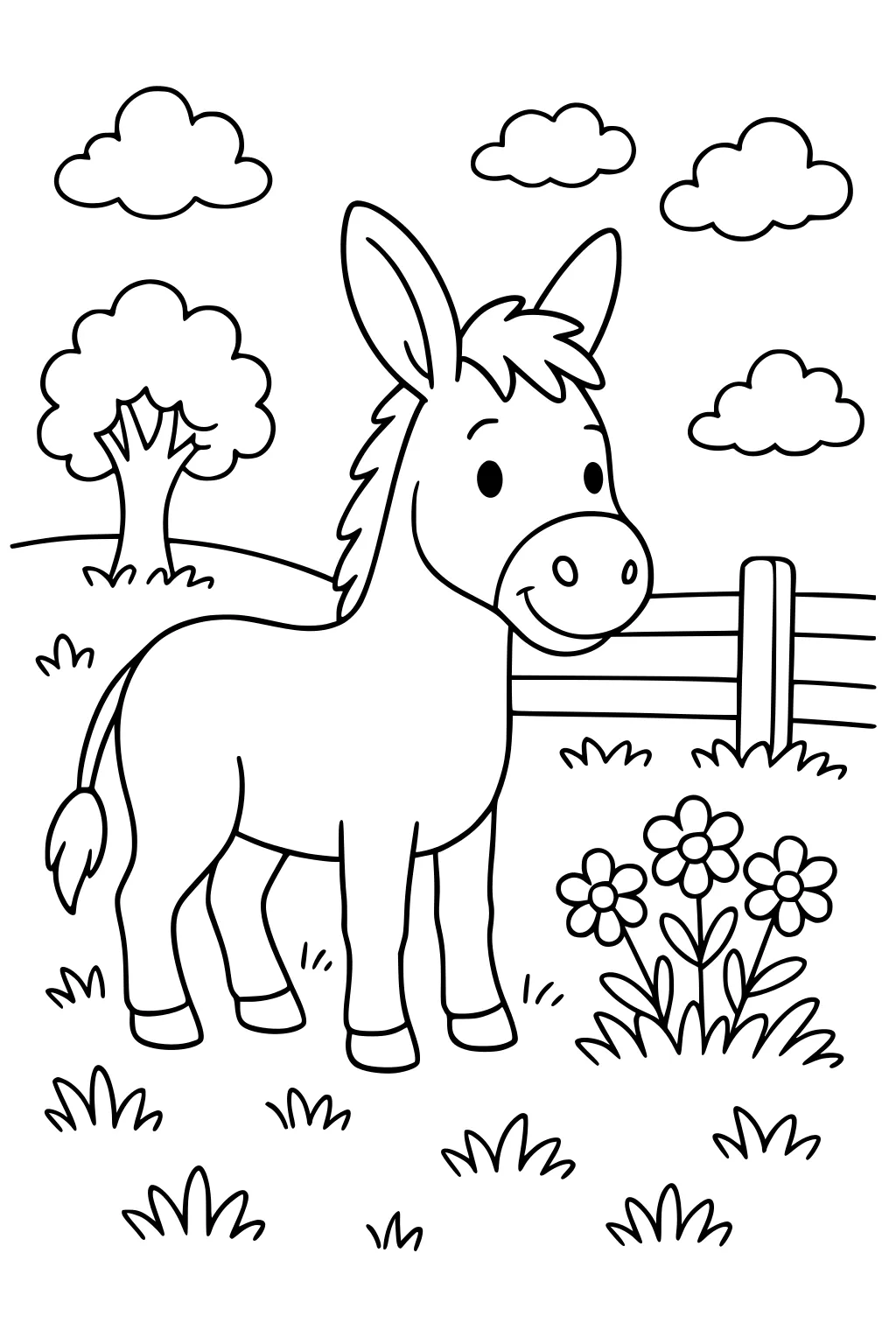 Cartoon donkey standing on grass near flowers, with a fence, tree, and clouds in the background.