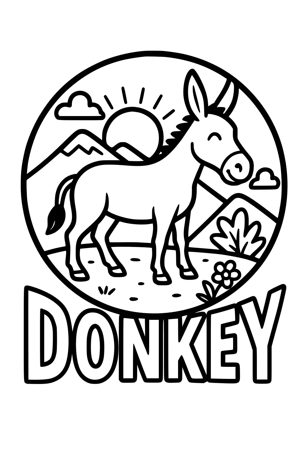 Smiling donkey with big ears and tail on grass, sun shining, mountains, flowers, and bold DONKEY text below.