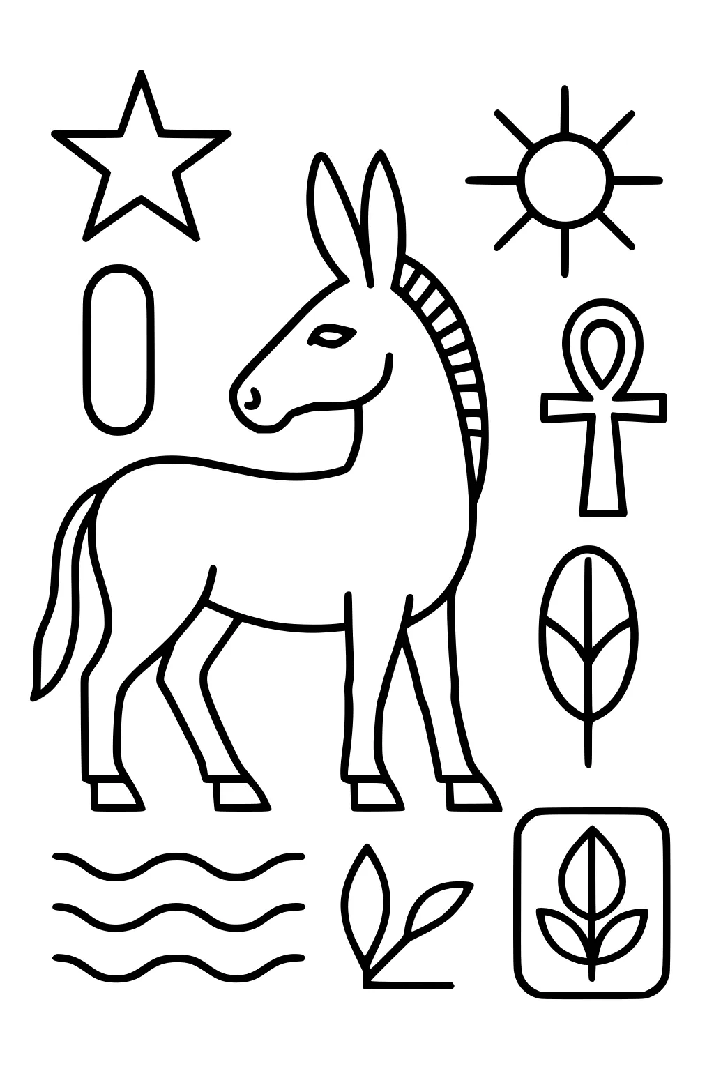 Donkey in center with star, sun, leaves, ankh, waves, oval, and sprigs around it, outlined in simple bold lines.
