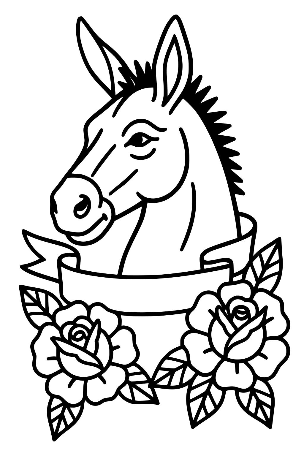 Donkey head with upright ears, spiky mane, and a blank ribbon banner, surrounded by two large roses and leafy stems.