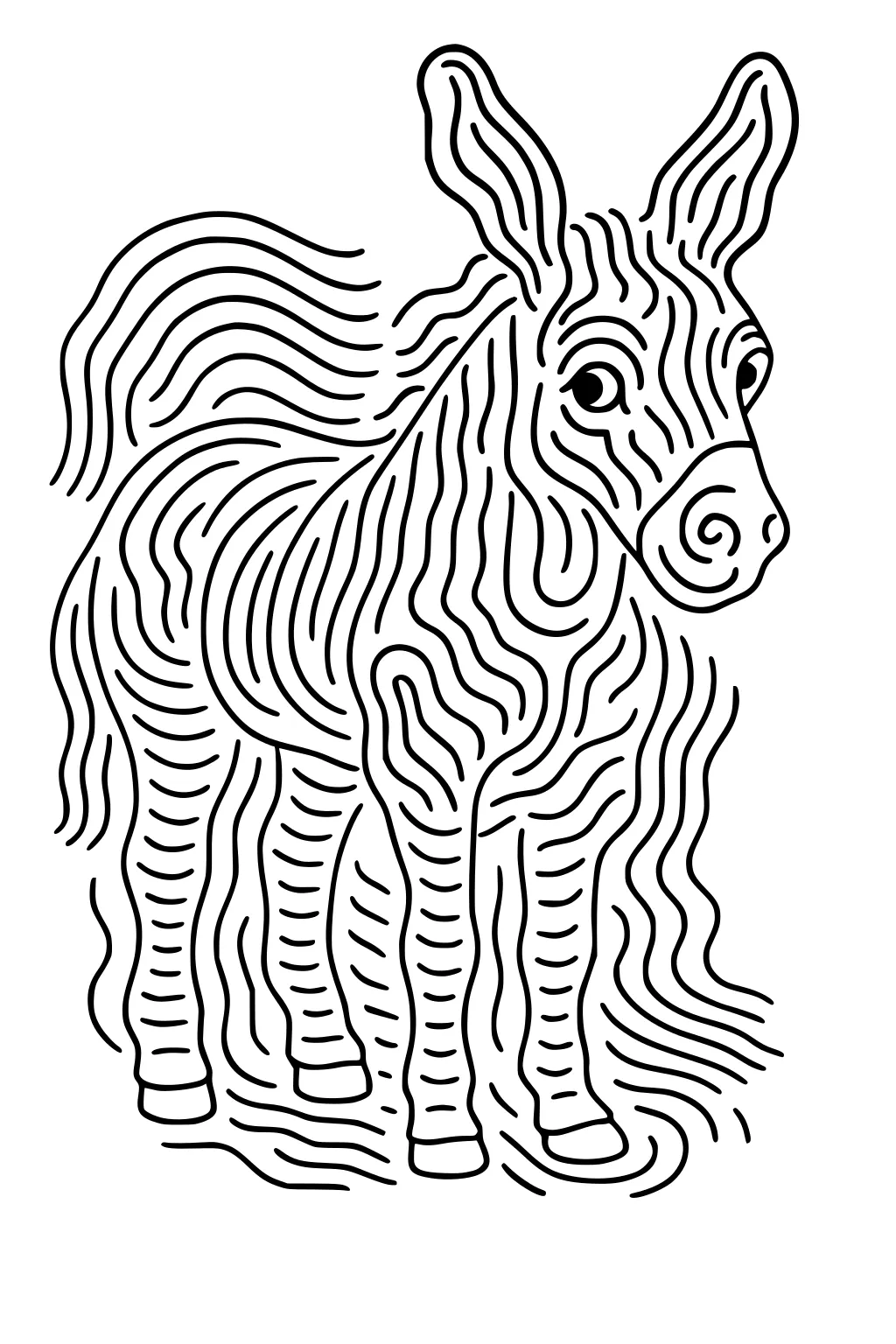 Donkey drawn with curvy black lines, large ears, spiral snout, and flowing mane on a white background.