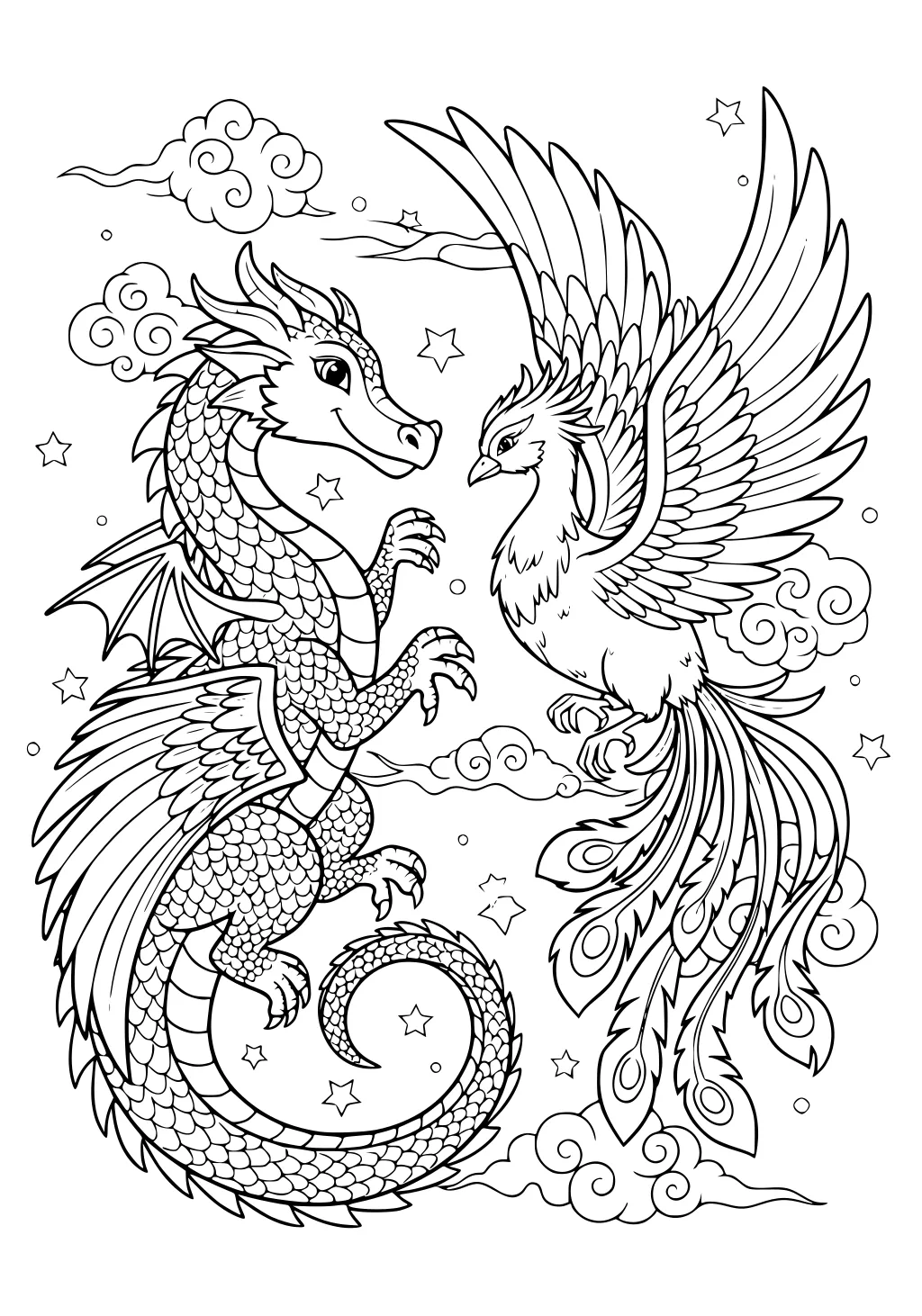 Friendly dragon with curled tail faces a soaring phoenix amid swirly clouds and stars, detailed with scales and layered feathers.