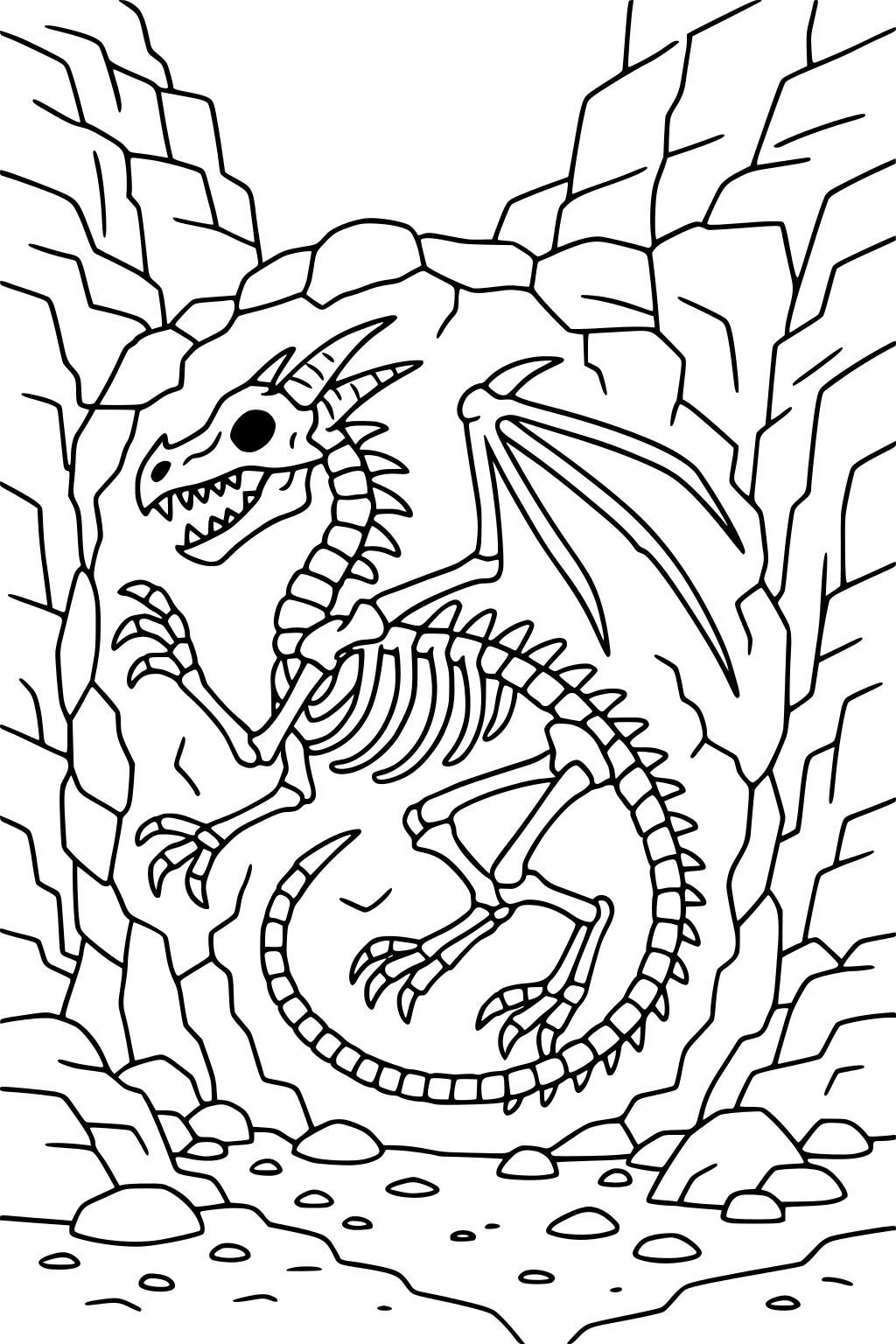 Dragon skeleton curled in a rocky cave; ribs, skull, claws, tail, and one folded wing with pebbles scattered on the ground.